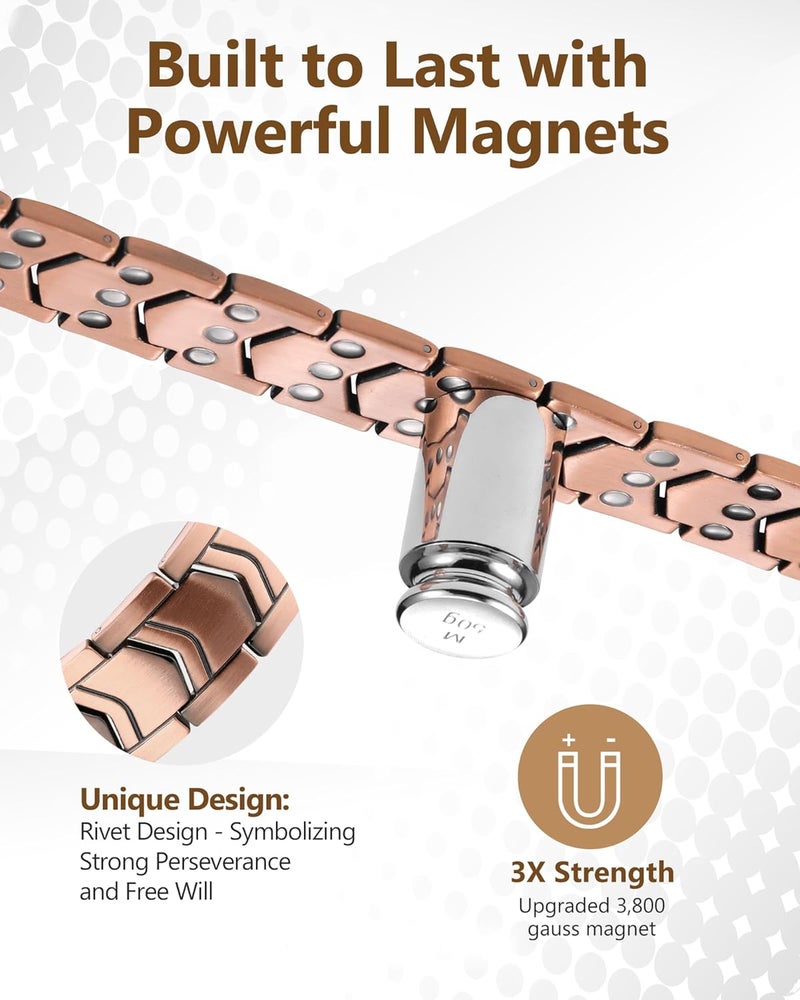 Feraco Copper Bracelet for Men 3X Strength,Magnetic Therapy Bracelet Copper Jewelry with Powerful 3800 Gauss Magnets,Premium Fold-Over Clasp - Image 4